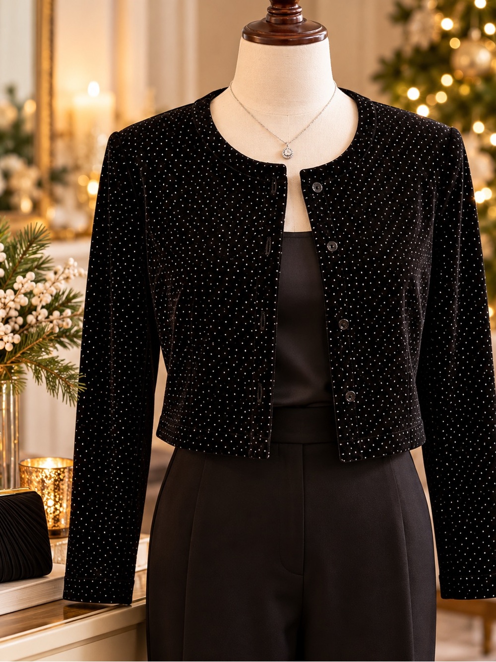 Ronni Nicole Women’s Black Velvet Cropped Jacket Rhinestone Dot Button Front